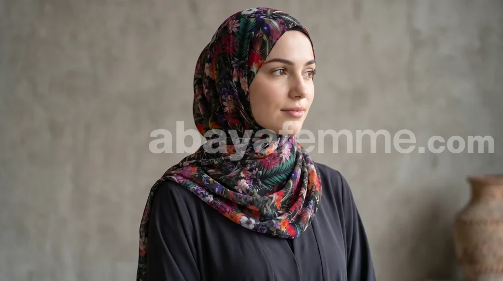 Hijab mousseline imprimé Collection Lilia HMIT11 1 Femme portant un hijab mousseline imprimé floral de la collection Lilia