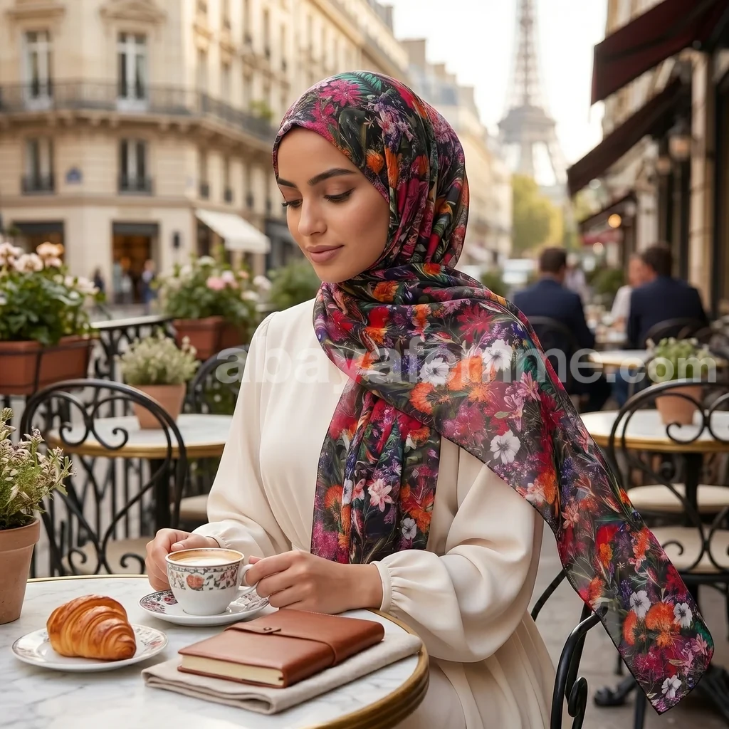 Hijab mousseline imprimé Collection Lilia HMIT11 3 Hijab mousseline imprimé plié présentant ses couleurs