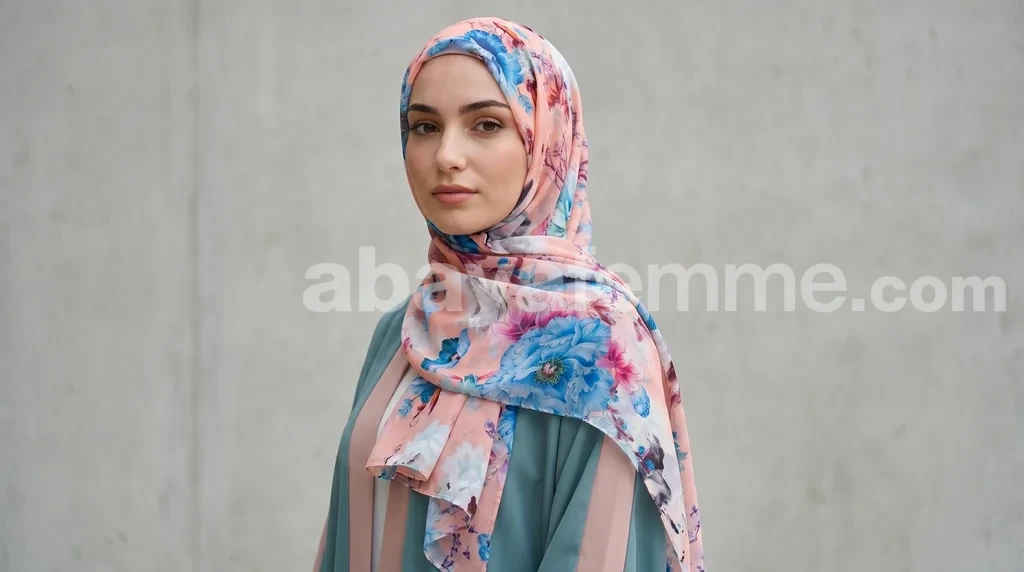 Hijab mousseline imprimé Collection Lilia HMIT16 1 Hijab mousseline imprimé floral de la Collection Lilia porté avec élégance