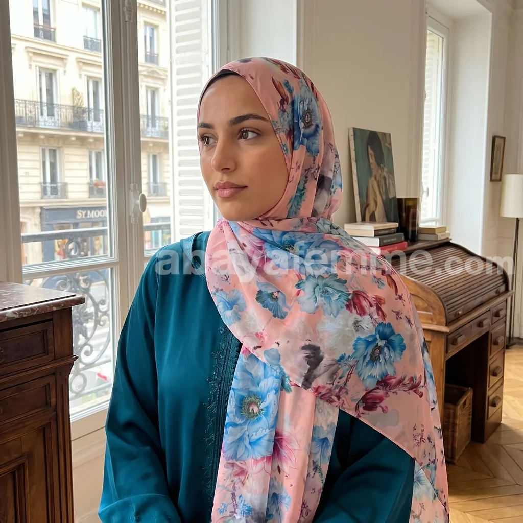 Hijab mousseline imprimé Collection Lilia HMIT16 2 Détail des motifs floraux du hijab mousseline imprimé Collection Lilia