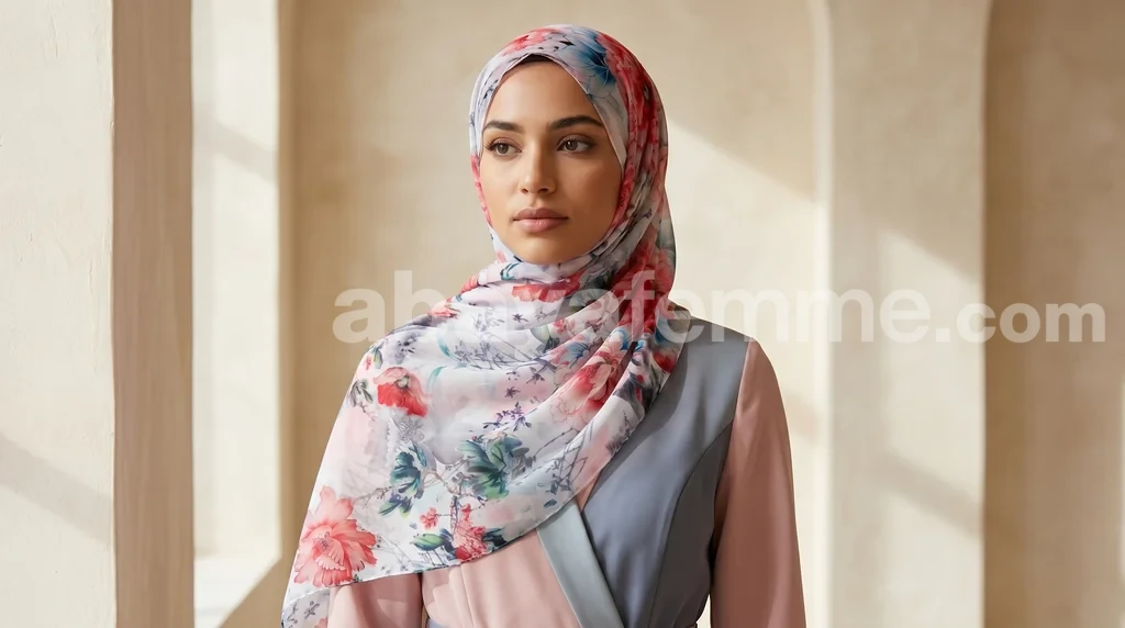 Hijab mousseline imprimé Collection Lilia HMIT19 1 Hijab imprimé floral de la collection Lilia porté avec élégance
