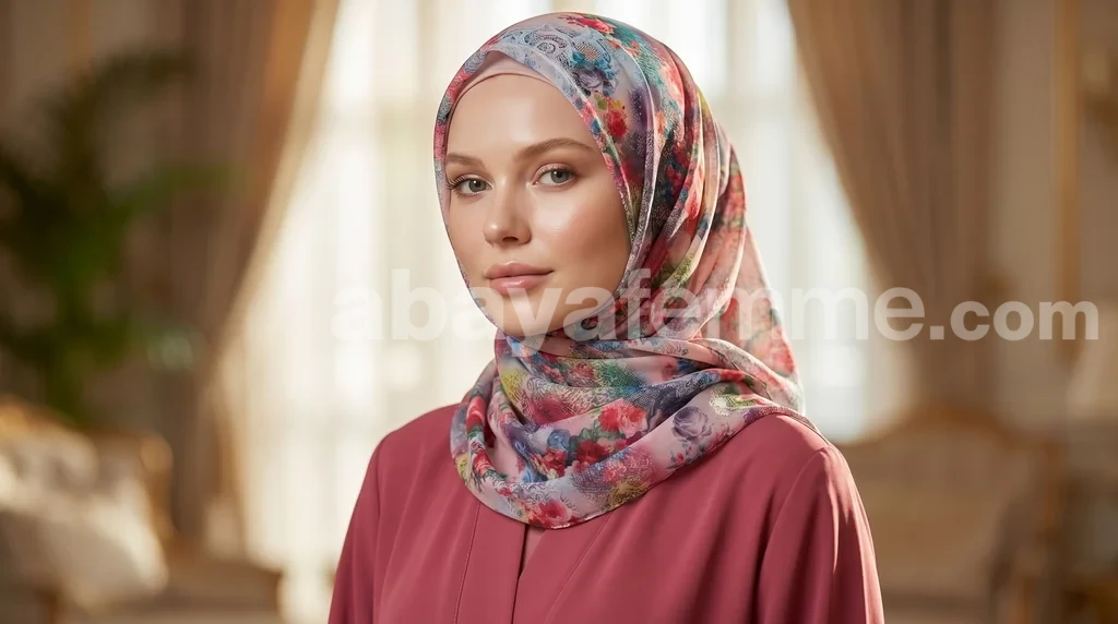 Hijab mousseline imprimé Collection Lilia HMIT20 1 Hijab mousseline imprimé floral Collection Lilia HMIT20 porté avec élégance