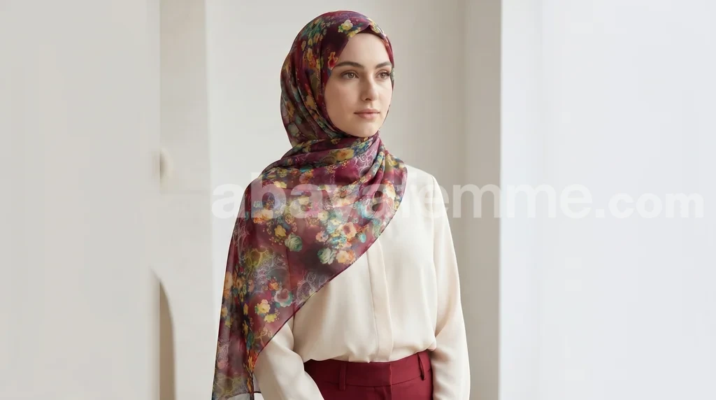 Hijab mousseline imprimé Collection Lilia HMIT21 2 Détail du tissu léger d'un hijab mousseline imprimé chic