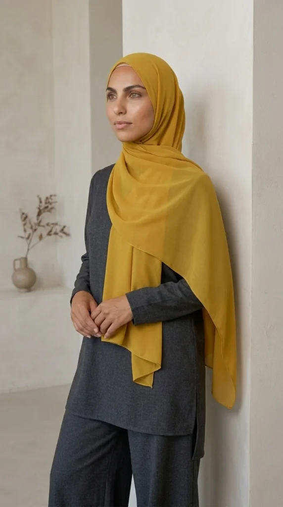 Hijab Mousseline Jaune Moutarde Premium Collection – vue 3