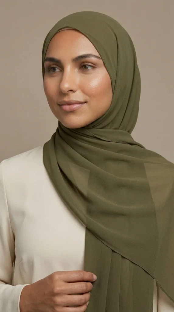 Hijab Mousseline Olive Premium Collection – vue 1