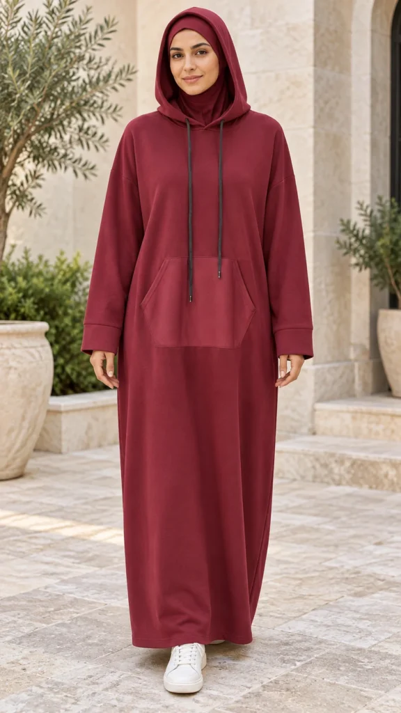 Abaya bordeaux à capuche et poche kangourou