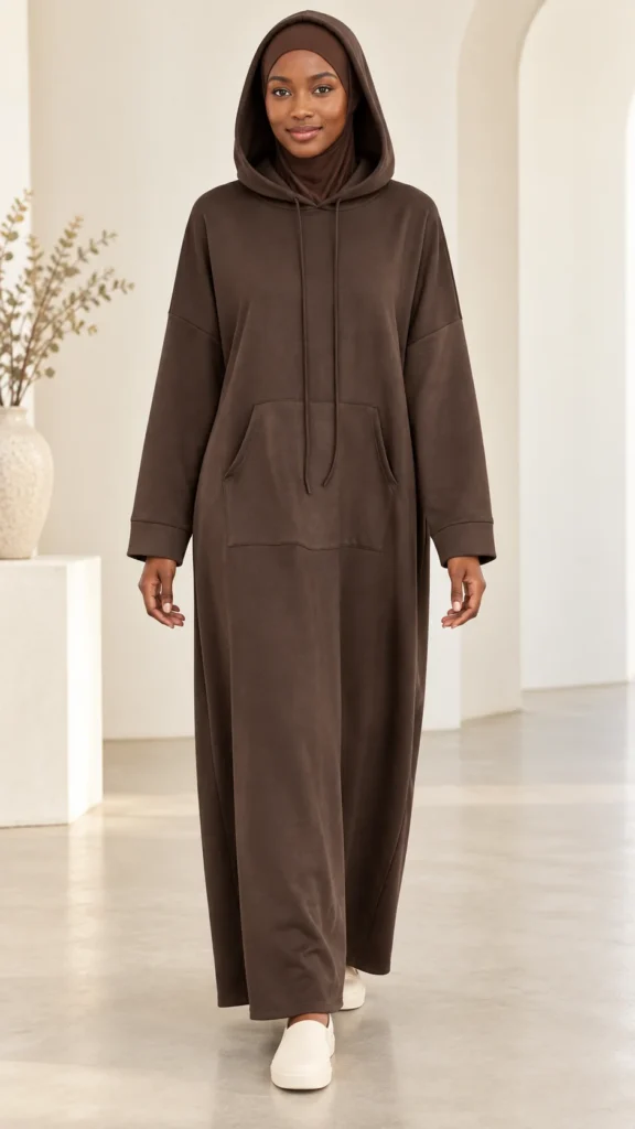 Abaya brun foncé à capuche et poche kangourou