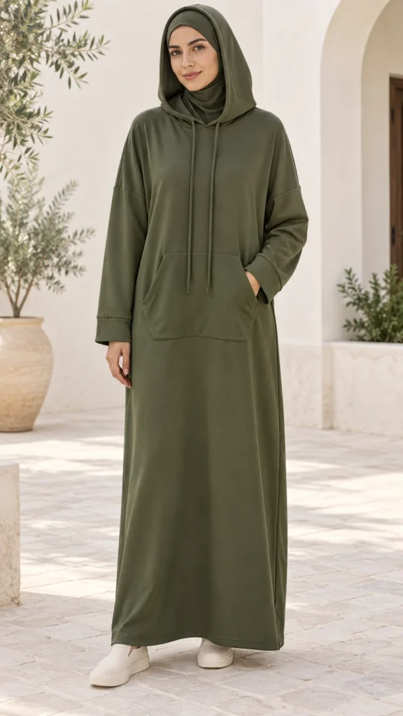 Abaya kaki à capuche et poche kangourou