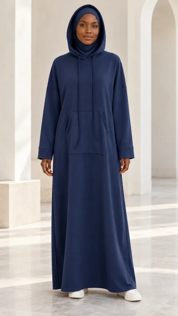 Abaya bleu marine à capuche et poche kangourou
