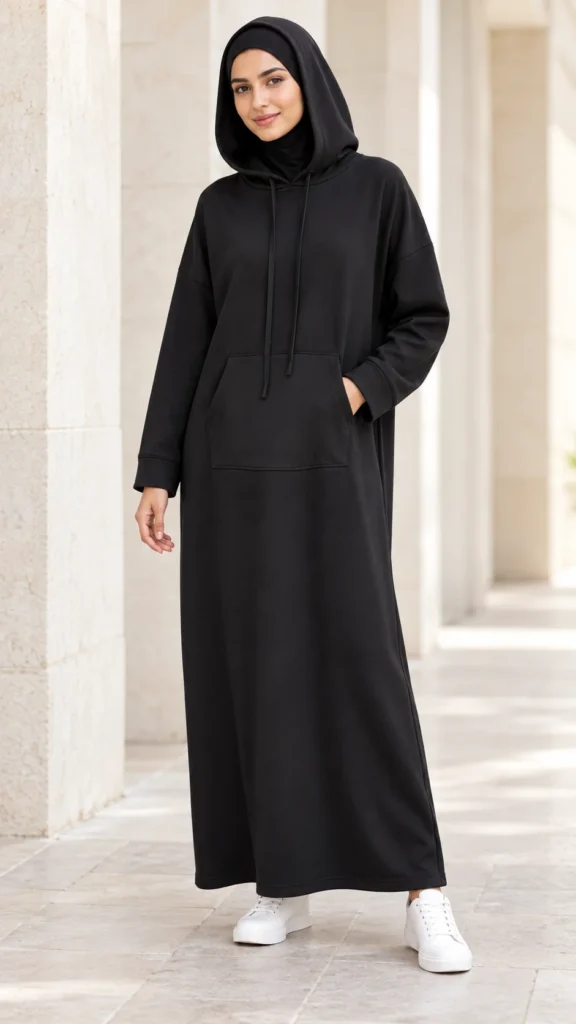 Abaya noire à capuche et poche kangourou