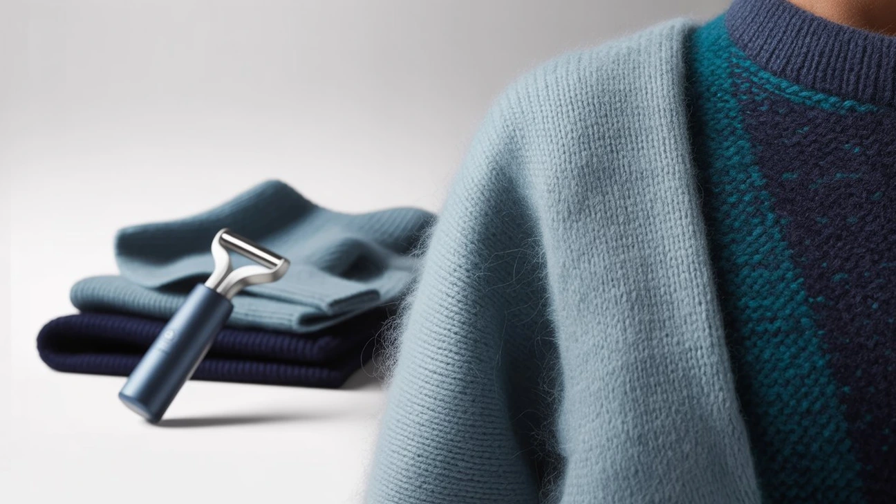 Gros plan de bouloches sur un pull en maille, à côté d’une zone débarrassée de ses bouloches.