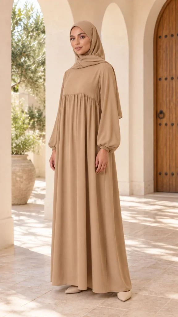 Abaya beige en soie de Médine à manches ballons