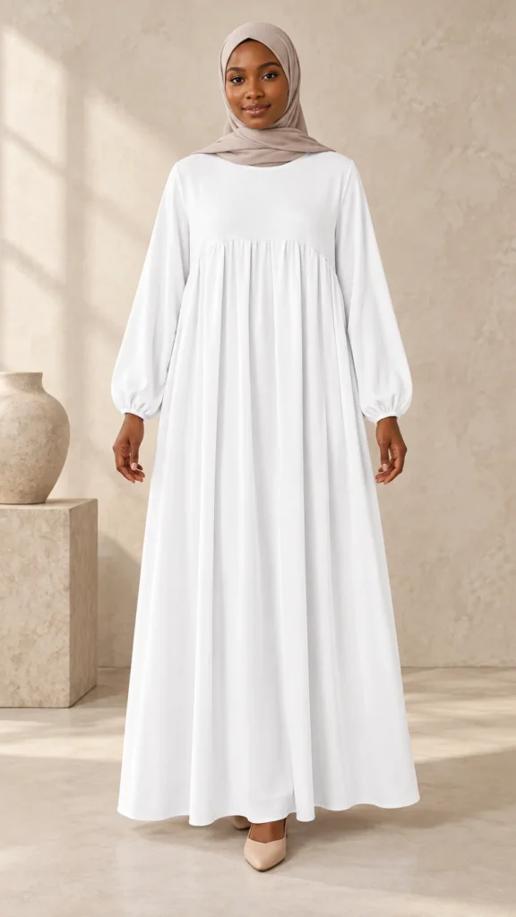 Abaya blanche en soie de Médine à manches ballons