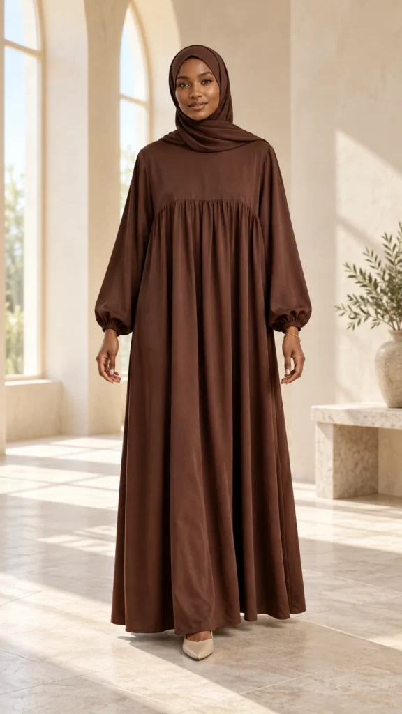 Abaya brun foncé en soie de Médine à manches ballons