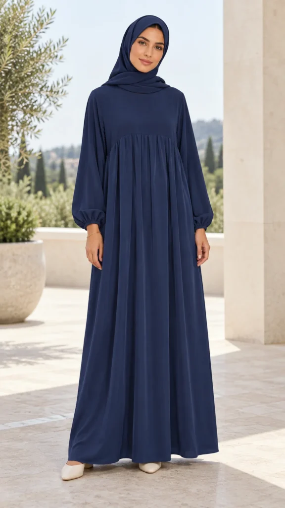Abaya bleu marine en soie de Médine à manches ballons