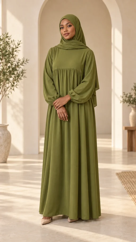 Abaya olive en soie de Médine à manches ballons