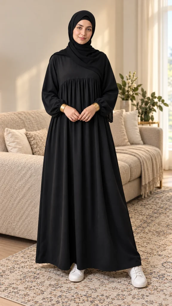 Abaya noire en soie de Médine à manches ballons