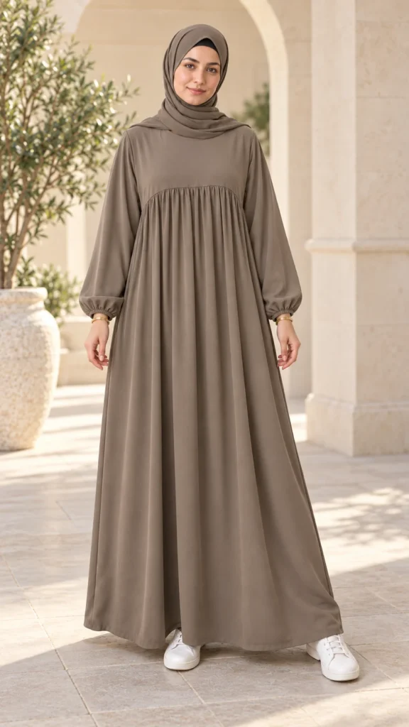 Abaya taupe en soie de Médine à manches ballons