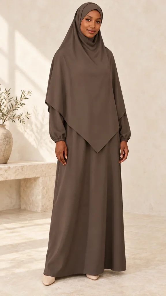 Abaya deux pièces brun foncé avec khimar court en soie de Médine