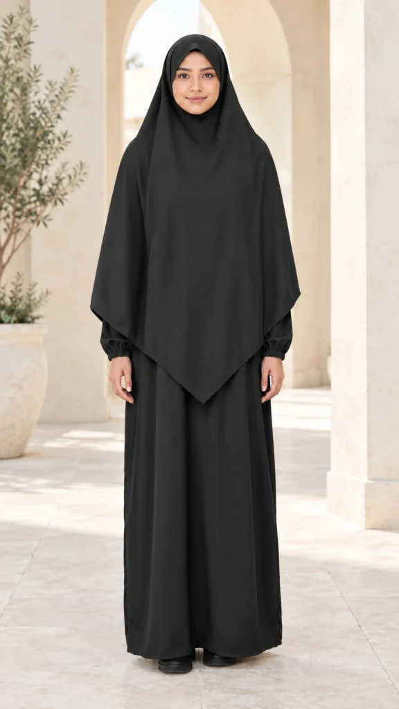 Abaya deux pièces noire avec khimar court en soie de Médine