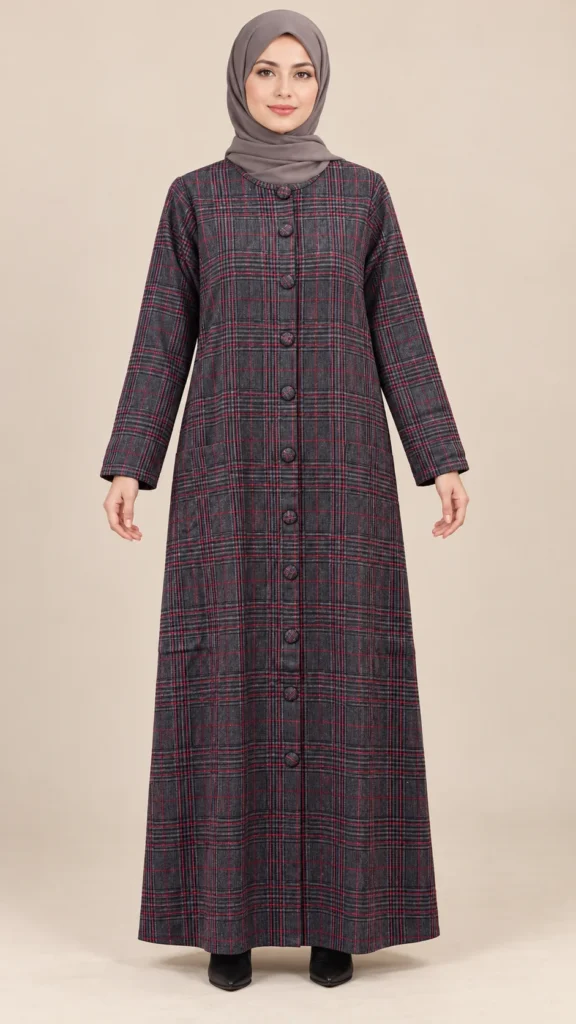 Robe longue grise à carreaux bordeaux, boutonnée avec poches