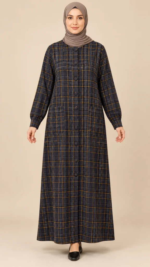 Robe longue boutonnée à carreaux moutarde avec poches