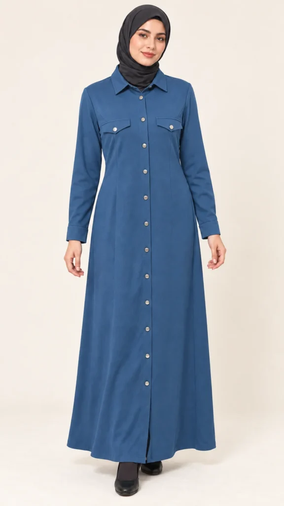 Robe longue boutonnée bleu denim à col chemise