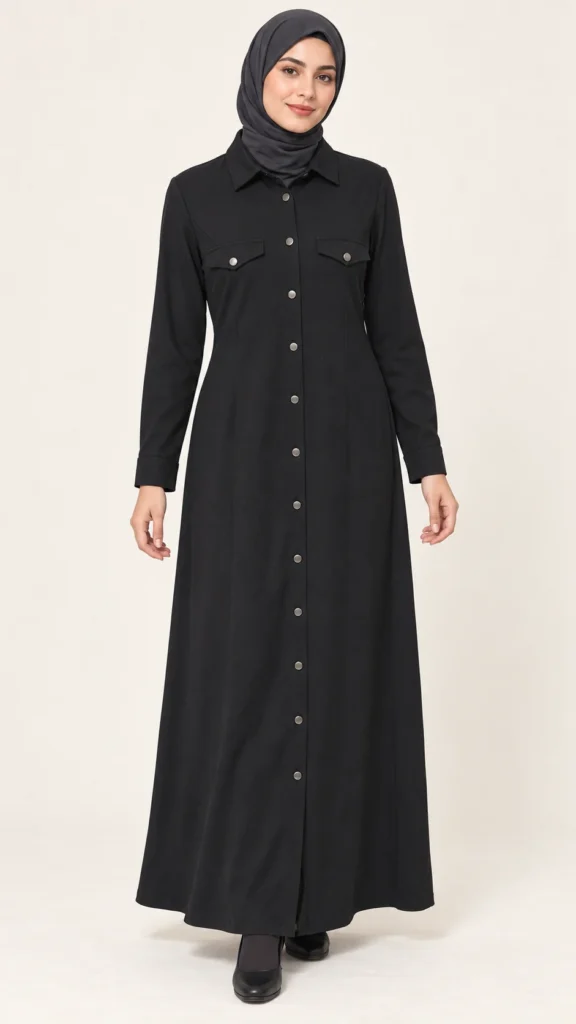 Robe longue boutonnée noire à col chemise