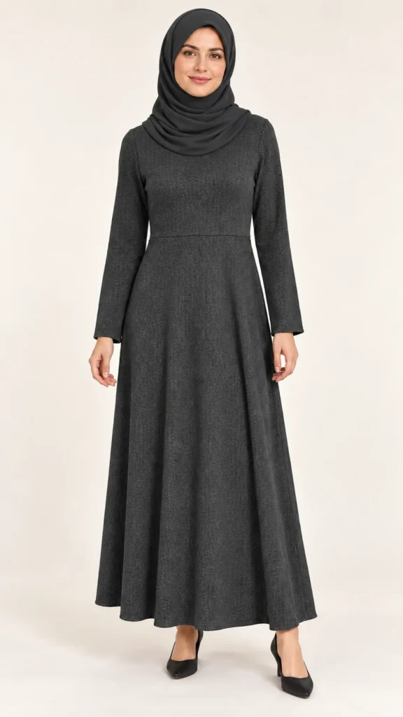 Robe longue gris foncé à chevrons – col rond