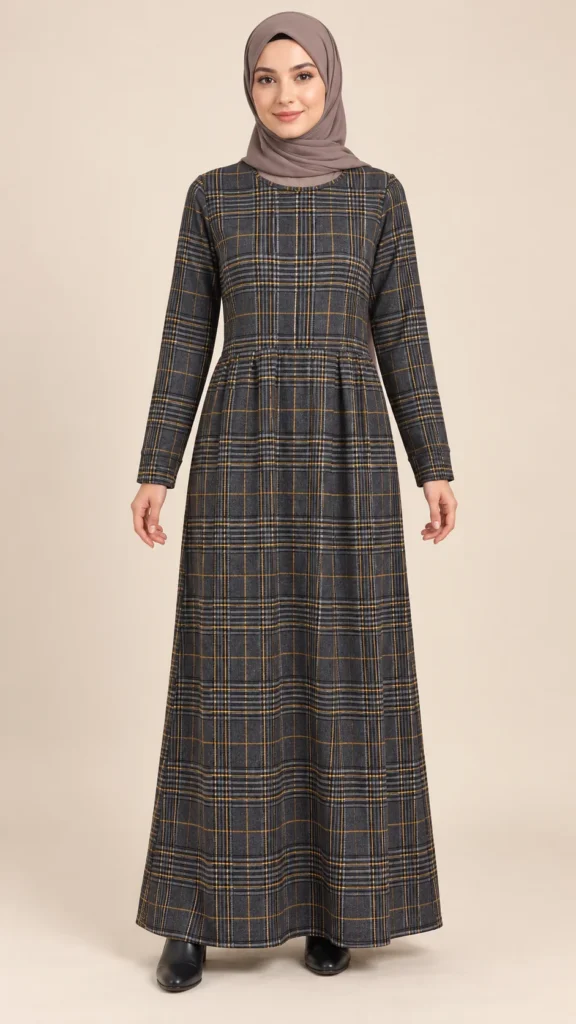 Robe longue grise à carreaux moutarde et col rond