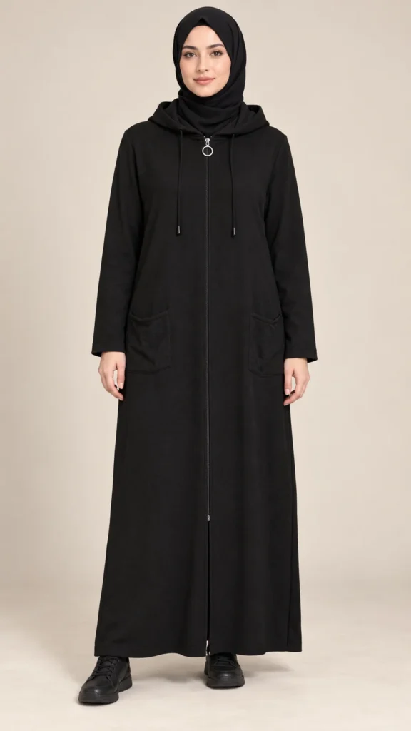 Sweat long noir zippé à capuche – 143 cm