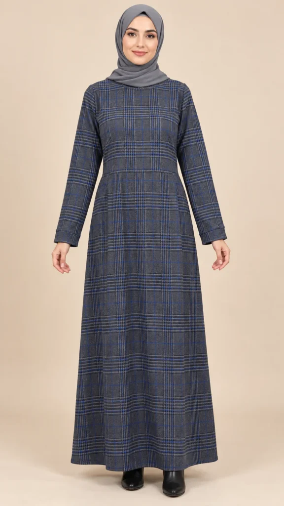 Robe longue bleue à carreaux et col rond